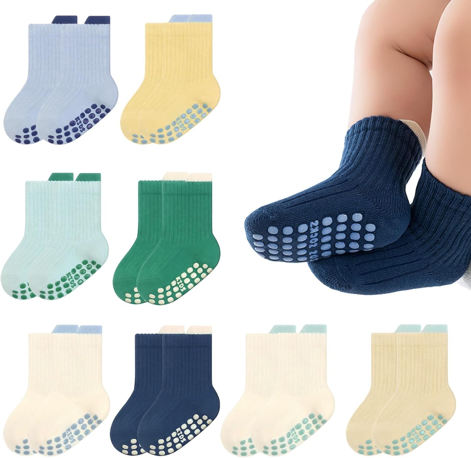 8 Pairs Baby Socks Non Slip Grip Cotton Crew Socks for Boys Girls Newborn Infant Toddler Anti Skid Sock