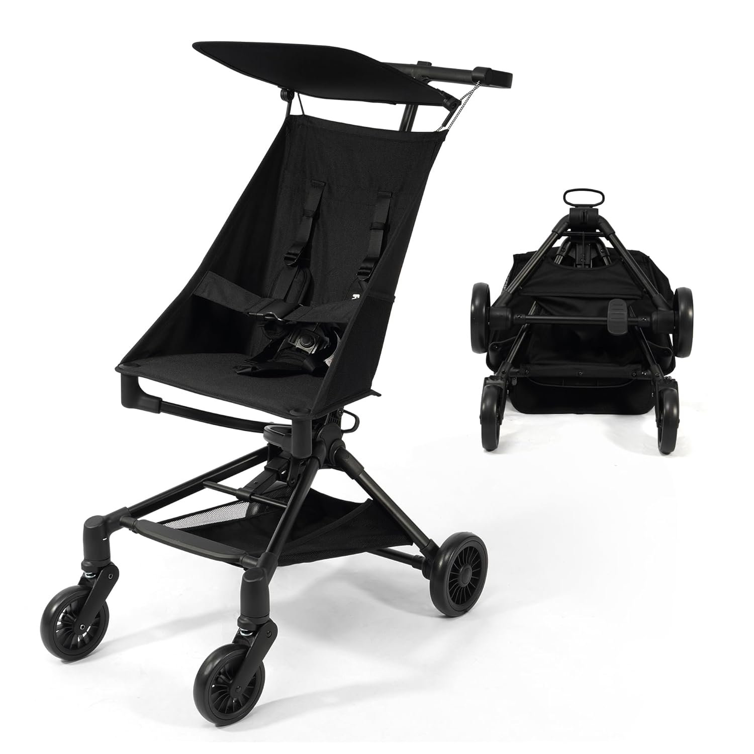 Lightweight Travel Stroller for Airplane, 10.5 lbs Compact Foldable Baby Stroller with Sun Visor & Storage Basket, Convenience Airplane Strollers with Lockable Rear Wheels and Breathable Fabric, Black