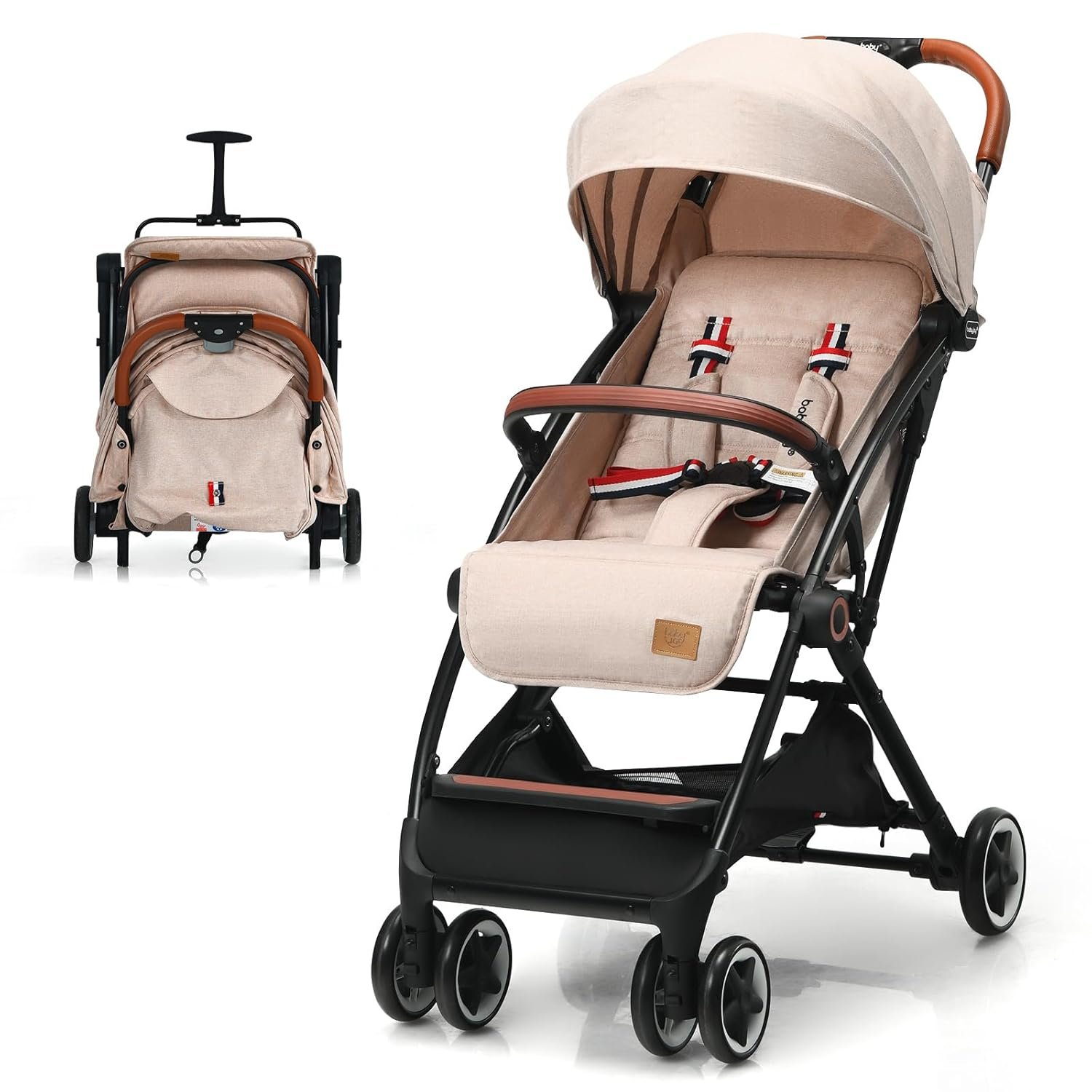 HOMGX Lightweight Umbrella Stroller, Easy Fold Baby Stroller with 5-Point Safety Harness, Adjustable Backrest & Quick Lock System, Compact Travel Stroller for Airplane, Beige
