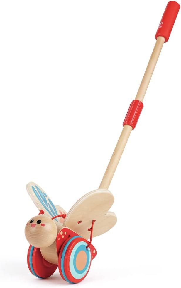 Award Winning Hape Butterfly Wooden Push and Pull Walking Toy, L: 6.3, W: 5.8, H: 22.2 inch, Red