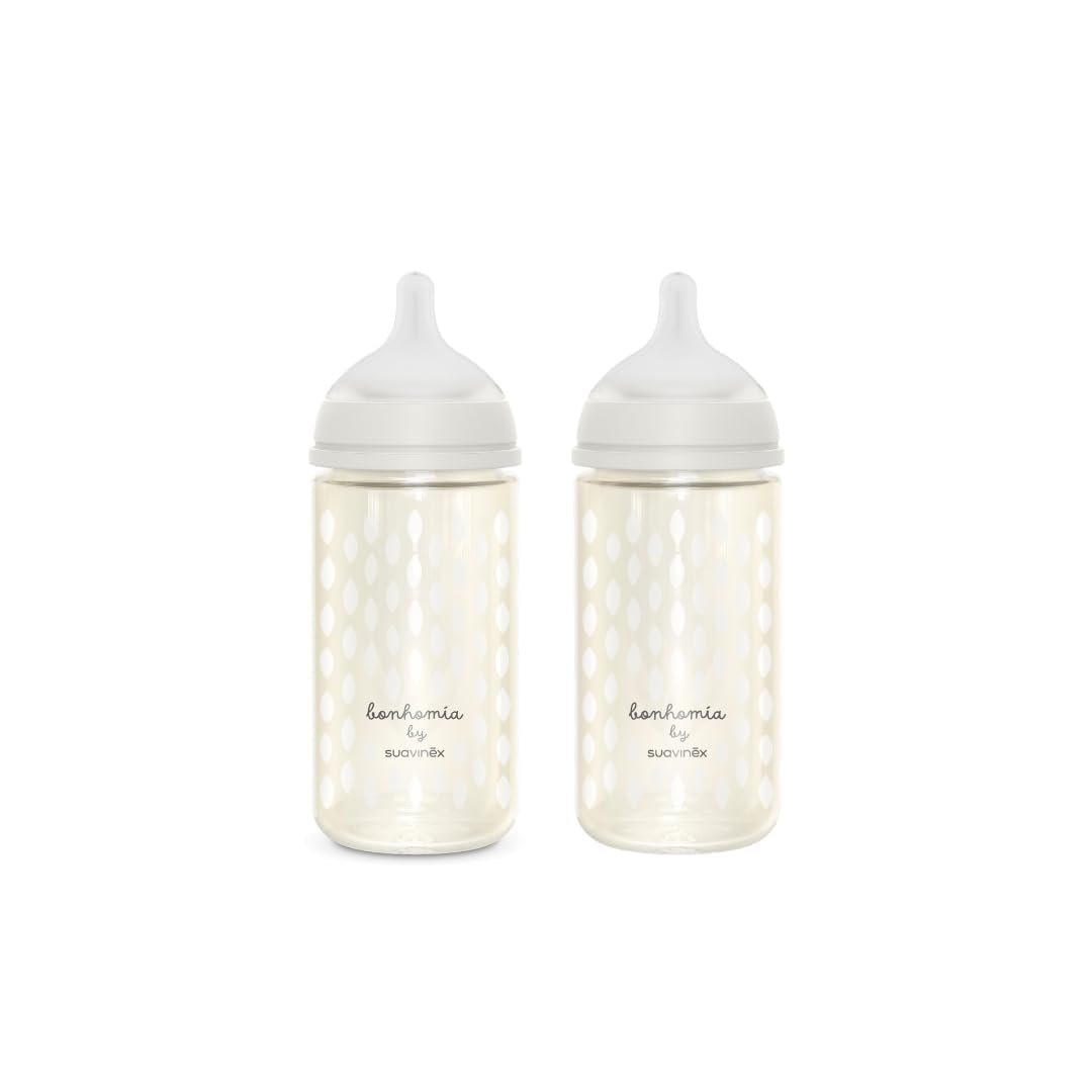 Suavinex Bonhomia Glass Baby Bottle with SX PRO Silicone Nipple, Anti Colic Baby Bottles, Baby Bottles for Breastfed Babies, 2 Pack 8 oz, Beige