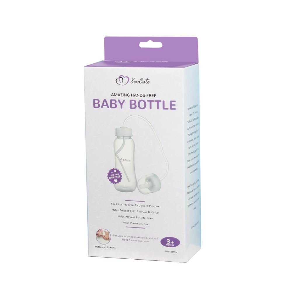Hands-Free Baby Bottle – Anti-Colic Nursing System 9 oz Baby Bottle with Fast Flow Nipple/Teat 3m+ with Tube Straw Feeding System for Toddler 1 Year+ (1 Bottle – Soo Cute)