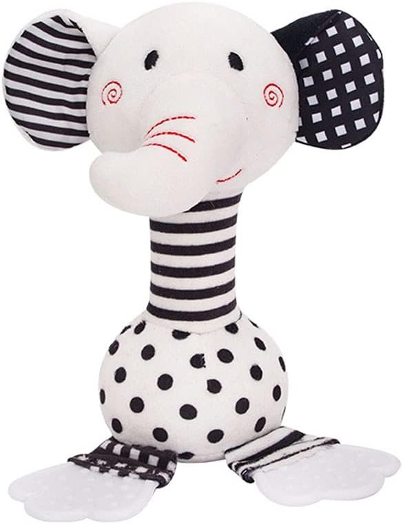 D-KINGCHY Baby Toys 0-12 Months, Black and White Newborn Toys, Soft Plush Rattle Stuffed Animal Toy with Teether and Sound, Developmental Hand Grip Toys (Elephant)