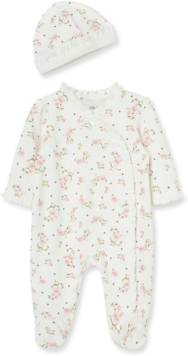 Little Me Clothes for Baby Girls 100% Cotton Scratch-Free Tag Footed One-Piece Romper and Hat Sleeper Set