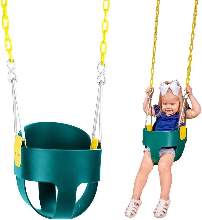 Squirrel Products High Back Full Bucket Toddler Swing Seat with Plastic Coated Chains – Swing Set Additions & Replacements – Outdoor Play Equipment – Green