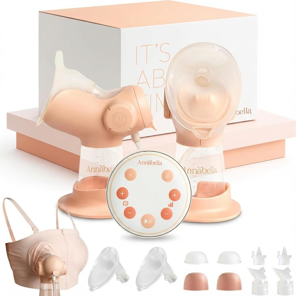 Annabella Double Breast Pump with Hands Free Pumping Bra – Innovative Baby Tongue Simulation Electric Breast Pump, Adjustable Shield (18–24mm), Quiet, Comfortable & Portable