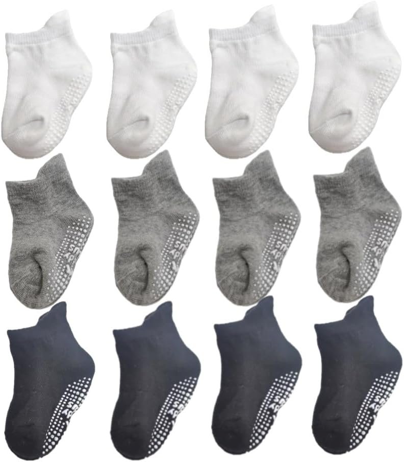 | Anti-Slip Ankle Socks with Grippy Soles for Babies, Toddlers & Kids (12-pair pack)