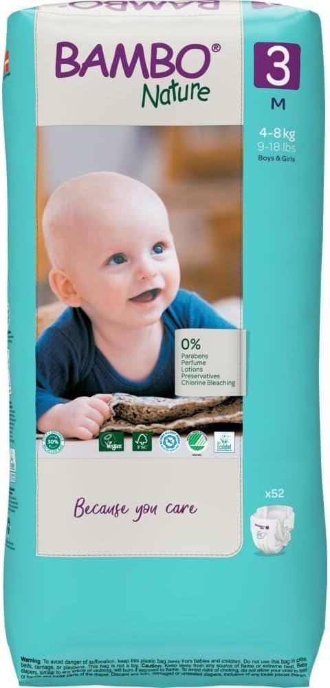 Bambo Nature Hypoallergenic Baby Diapers, Eco-Labeled Diapers, Enhanced Leakage Protection, Totally Chlorine-Free, Skin Friendly, and Super Absorbent – Size 3 (52 Count)