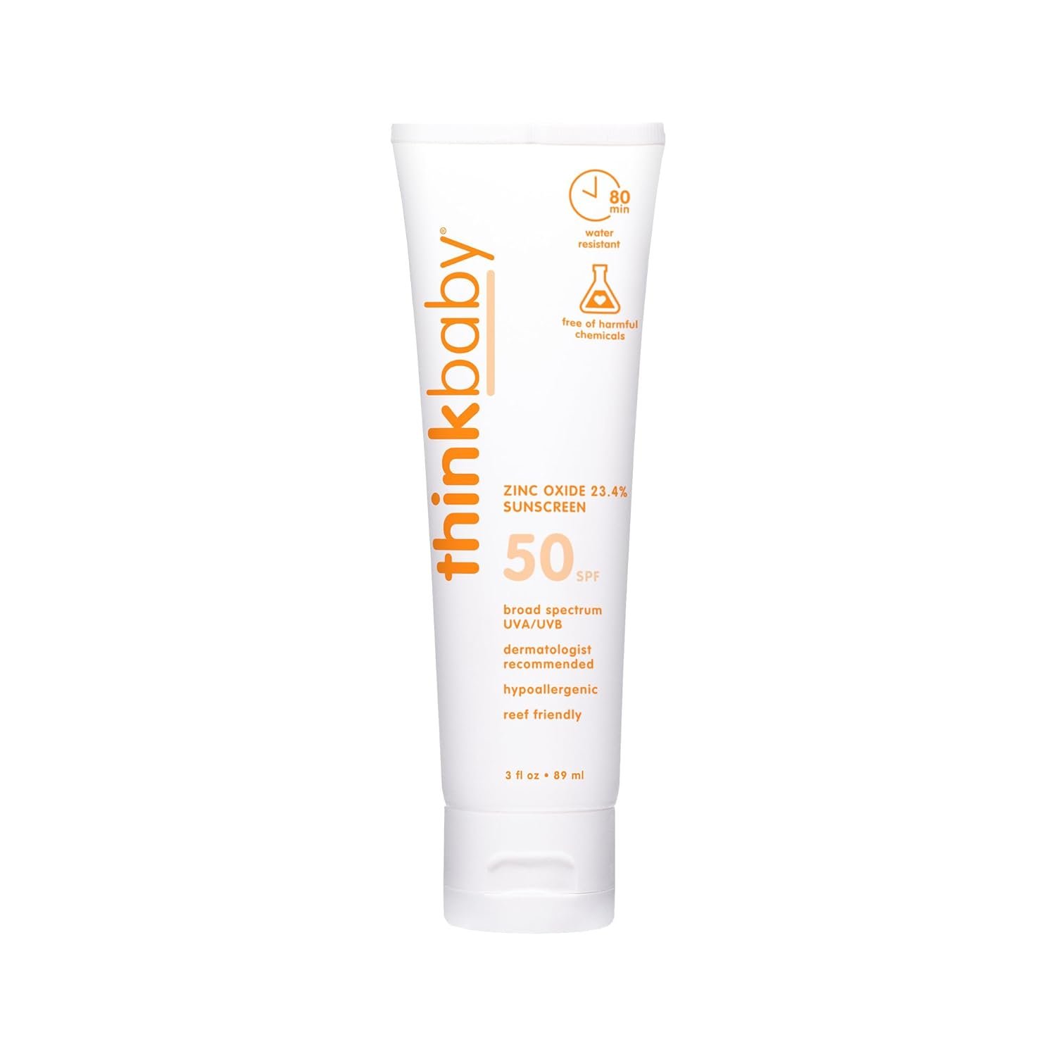Thinkbaby SPF 50+ Baby Sunscreen – Safe, Natural Sunblock for Babies – Water Resistant Sun Cream – Broad Spectrum UVA/UVB Sun Protection – Vegan Mineral Sun Lotion, 3 Oz. (Packaging may Vary)
