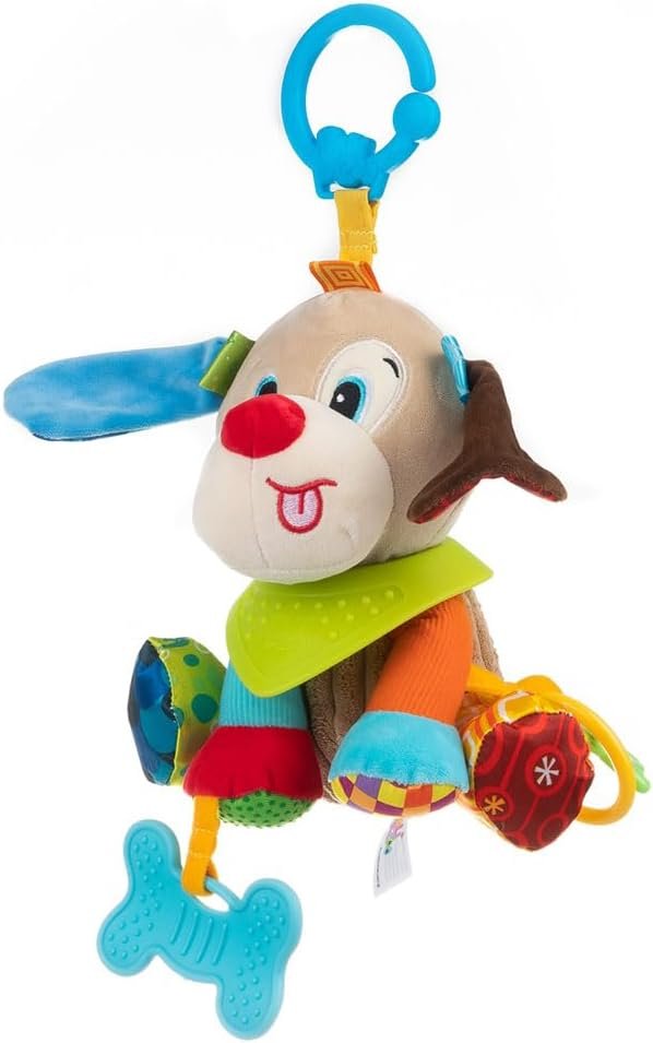 Balibazoo Puppy Paul Hanging Baby Toy for 0-24M – Developmental Sensory Activity Toy | Crinkle, Rattle, BPA-Free Silicone Teethers | Clip for Stroller, Car Seat | Soft Plush Newborn Gift
