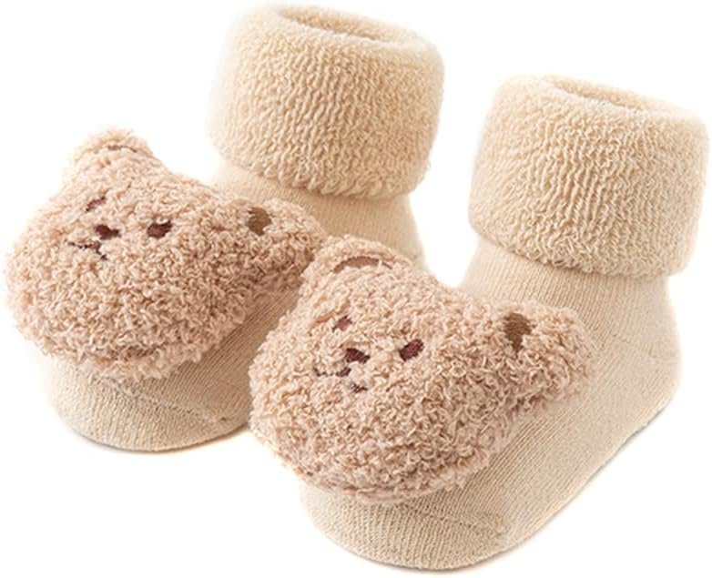 Baby Thickened Plush Floor Anti-Slip Socks – Toddler Warm Cotton Soft Winter Newborn Slippers Bear – Beige
