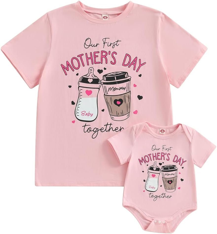 Canis Our First Mothers Day Together Mommy and Me Matching Outfit Short Sleeve Mom T-shirt Baby Bodysuit Set