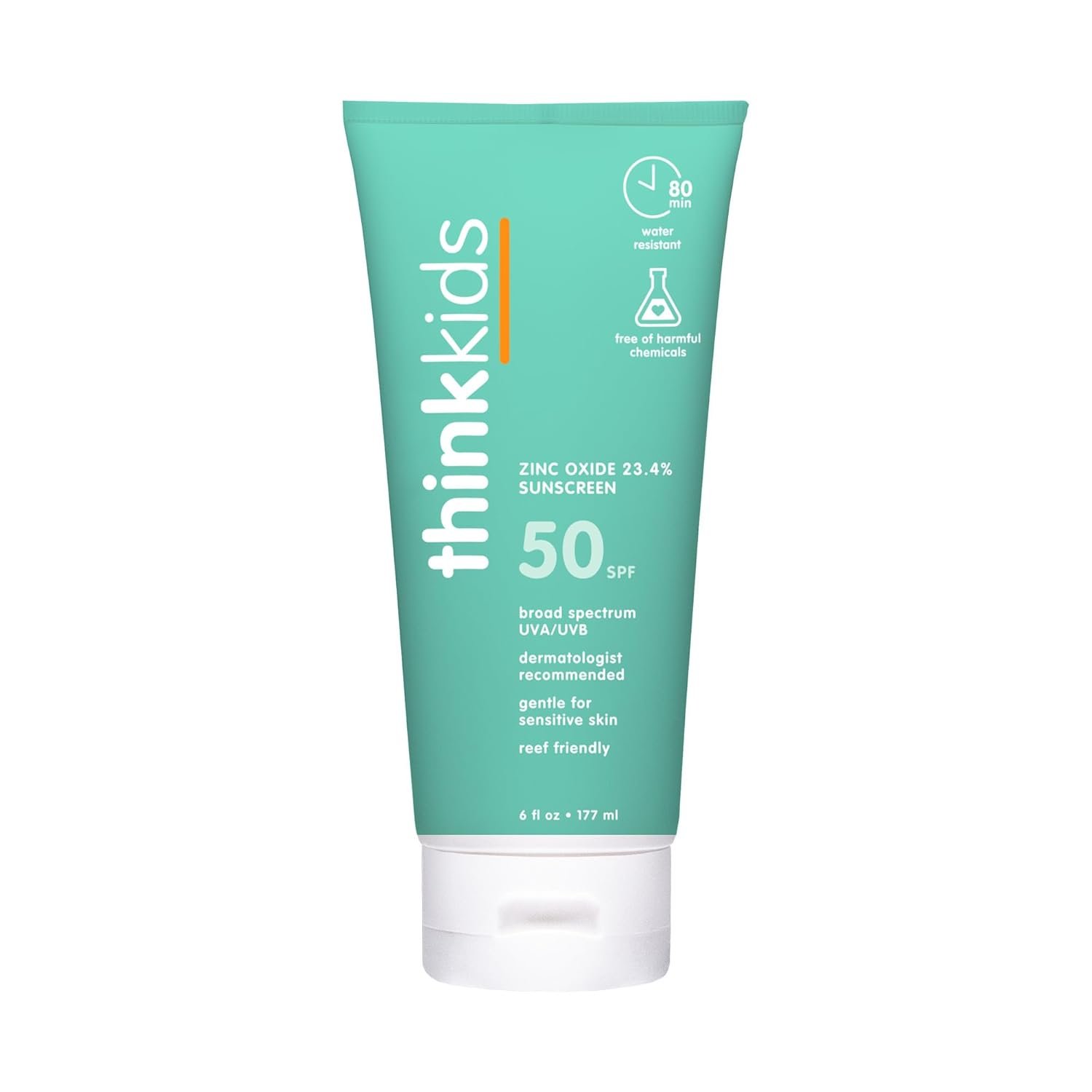 Thinkkids SPF 50+ Mineral Sunscreen, 6 Fl Oz – Safe, Natural Baby Mineral Sunscreen for Children – Water Resistant Sun Cream – Broad Spectrum UVA/UVB Sun Protection – Reef Safe