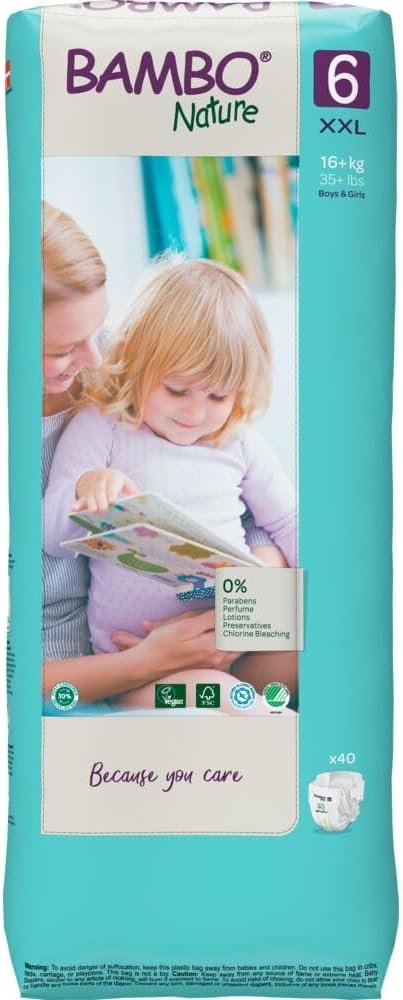 Bambo Nature Hypoallergenic Baby Diapers, Eco-Labeled Diapers, Enhanced Leakage Protection, Totally Chlorine-Free, Skin Friendly, and Super Absorbent – Size 6 (40 Count)