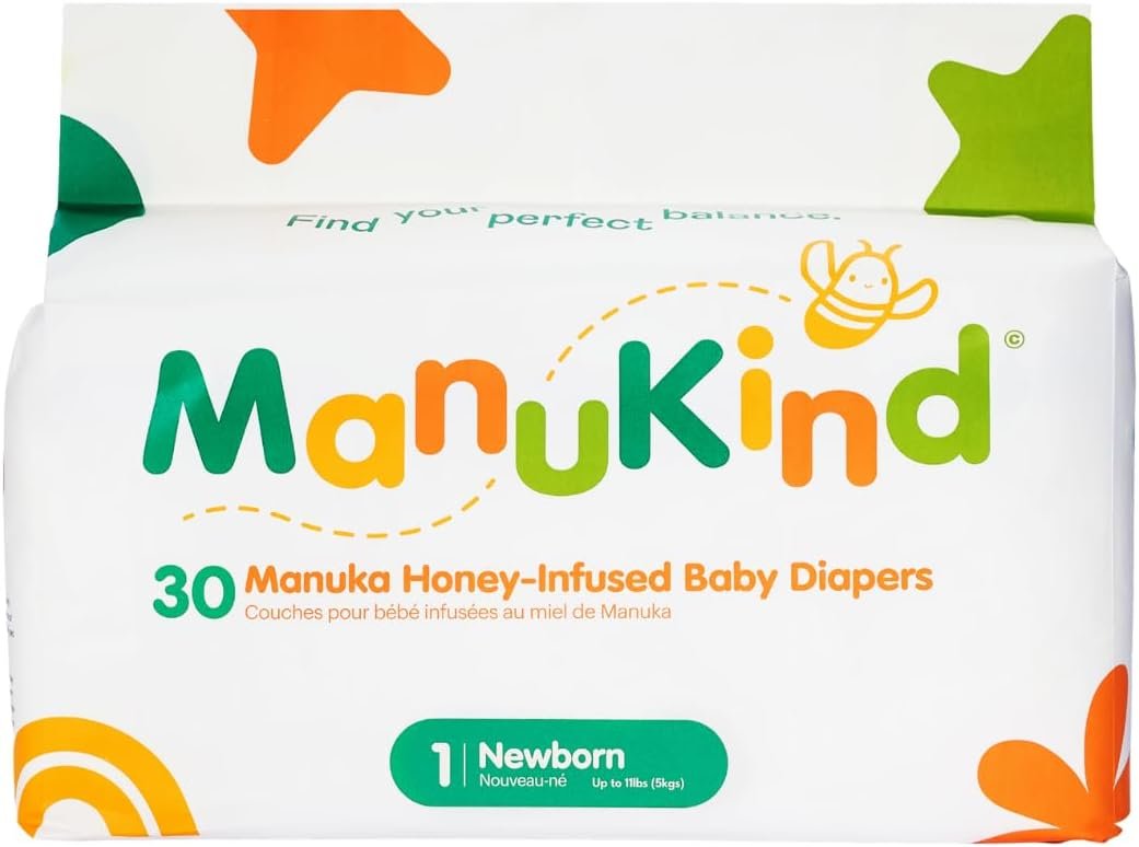 ManuKind Baby Diapers, Manuka Honey Infused, Ultra Soft, Plant-Based Materials, Quick-Dry Comfort, Leak Guard Protection, Size 1 – 30 Diapers