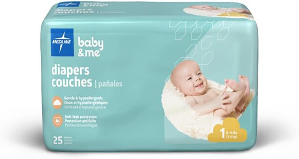 Medline Disposable Baby Diapers, Size 1 (8-14 lbs), Case of 200