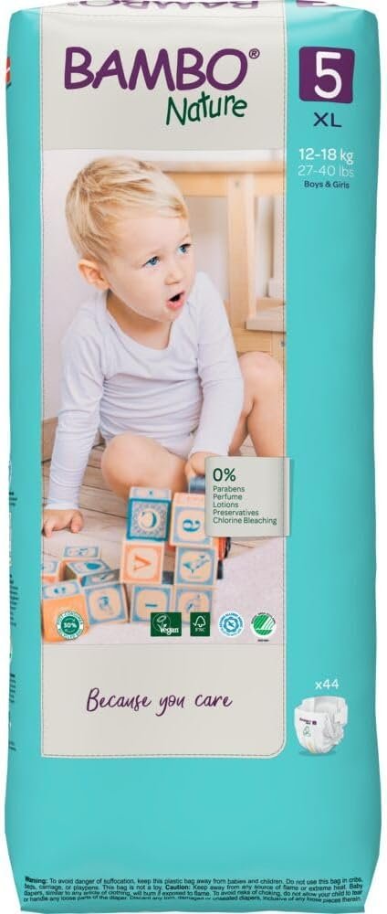 Bambo Nature Hypoallergenic Baby Diapers, Eco-Labeled Diapers, Enhanced Leakage Protection, Totally Chlorine-Free, Skin Friendly, and Super Absorbent – Size 5 (44 Count)