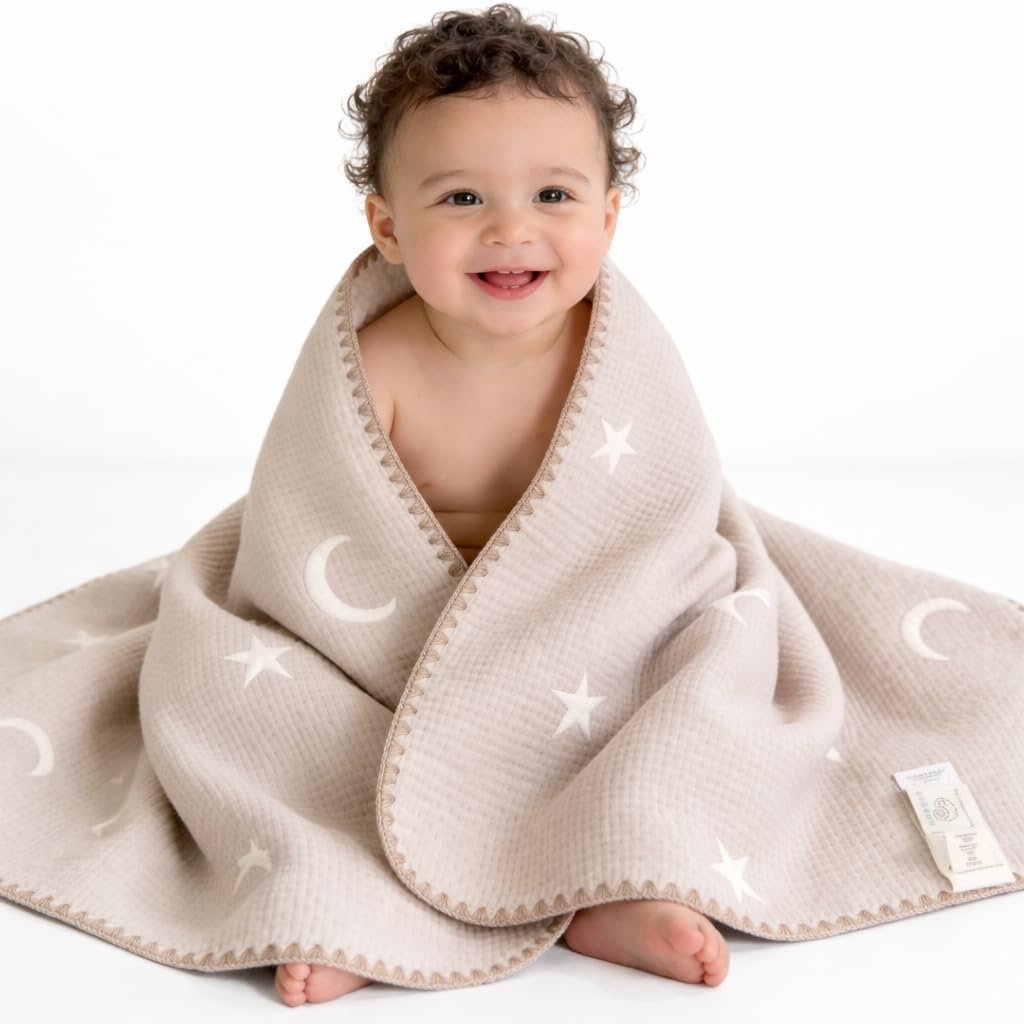 Ababy Cotton Baby Blanket, Ultra Soft Cozy Baby Blankets for Boys Girls, Soft Infant Toddler Newborn Receiving Blankets for Crib Stroller – Oat Beige – Star & Moon, 26 x 51 Inches