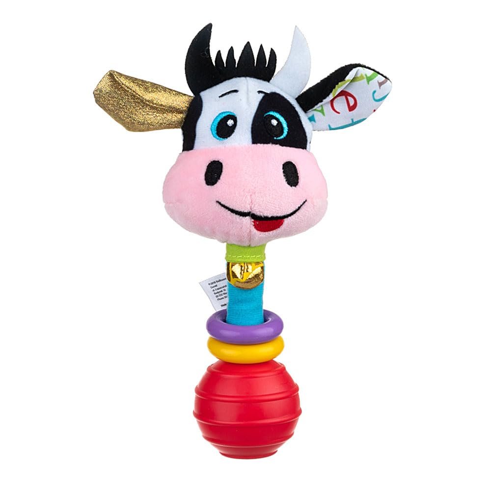 Balibazoo Clara The Cow Plush Baby Rattle & Teething Stick – Newborn Rattle Toy for 0-18 Month Babies | Soft Stuffed Cow with Bell, Easy-Grip Handle | Sensory Developmental Infant Rattle