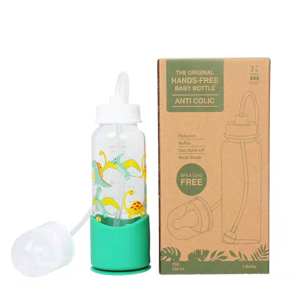 Hands-Free Baby Bottle – Anti-Colic Nursing System 7 oz Glass Baby Bottle with Fast Flow Nipple/Teat 3m+ with Tube Straw Feeding System for Toddler (1 Bottle – Dinosaur)