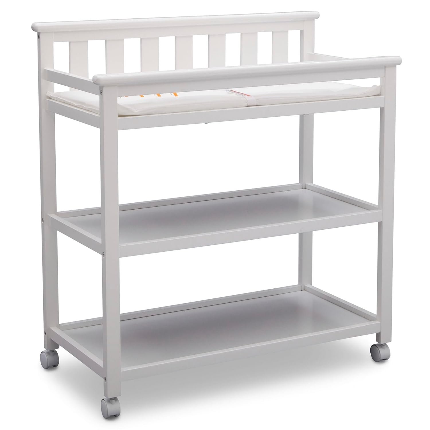 Delta Children Flat Top Changing Table with Wheels and Changing Pad – Greenguard Gold Certified, Bianca White