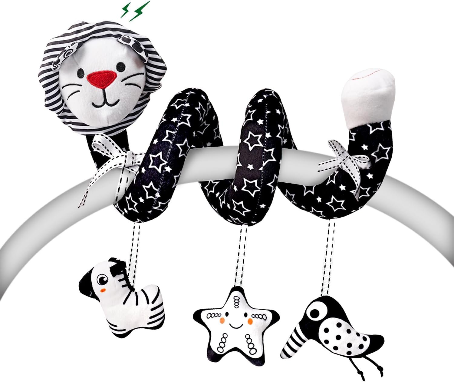 LiKee Spiral Car Seat Toys for Babies 0-6 Months, Black High Contrast Plush Hanging Baby Stroller Toys, Crib & Carseat Sensory Activity for Newborn, Ages 0+ Years 6-12 Month Infants Boy Girl Gifts