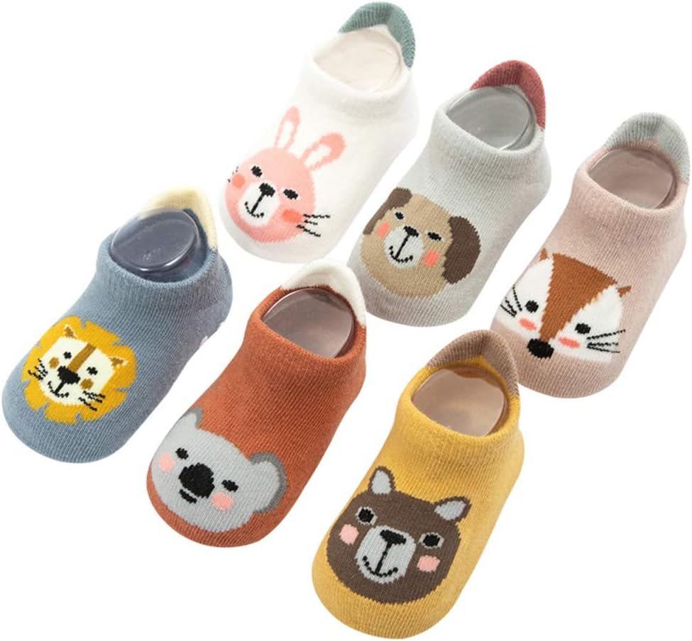 Kisgyst 6 Pairs Baby Non Slip Grip Cotton Animal Ankle Socks with Non Skid Soles for Newborn Toddler Boy Girl