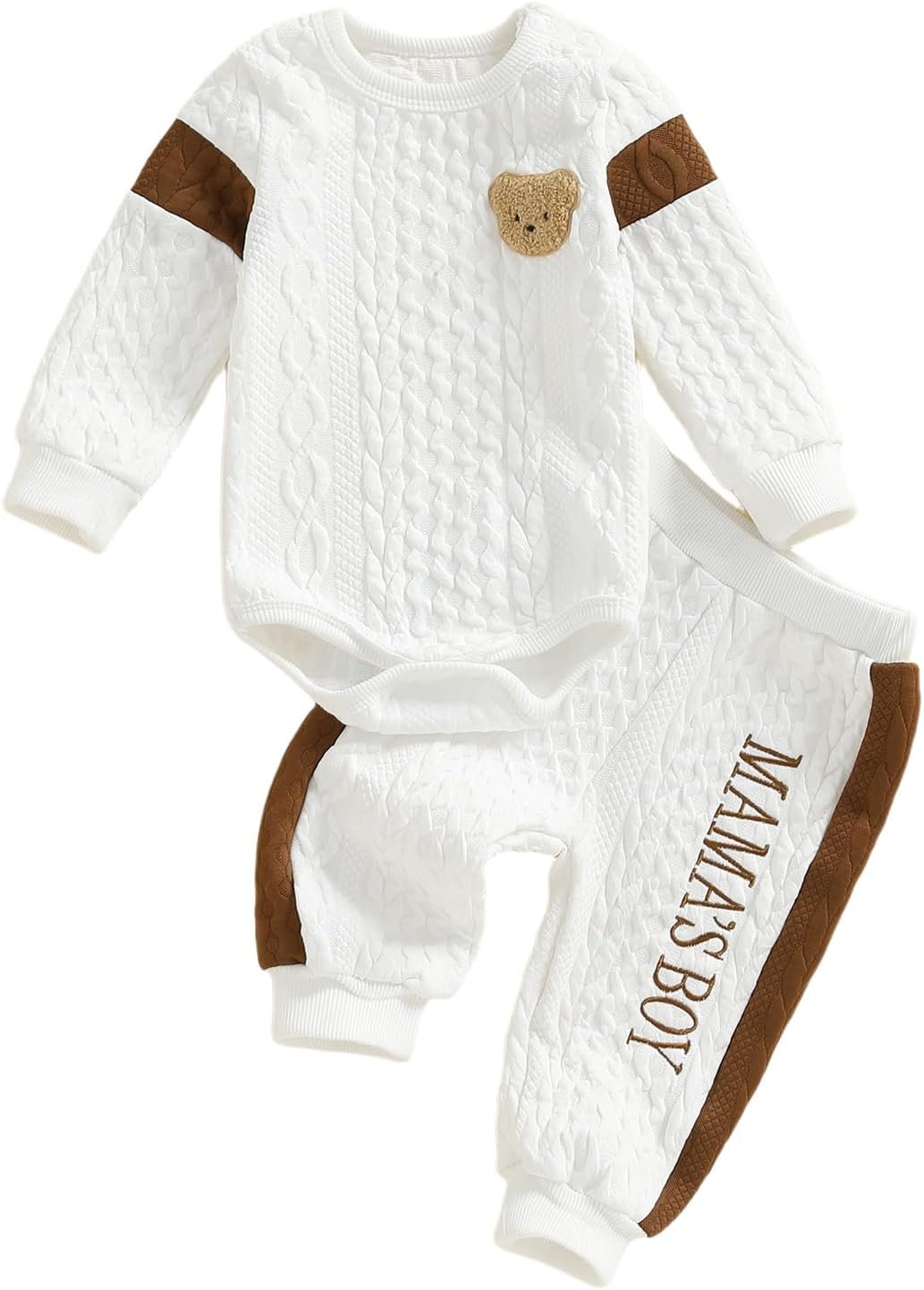 SAYOO Infant Baby Boy Clothes 3 6 12 18 Months Fall Winter Outfit Bear Romper Mama’s Boy Embroidery Pants 2Pcs Tracksuit