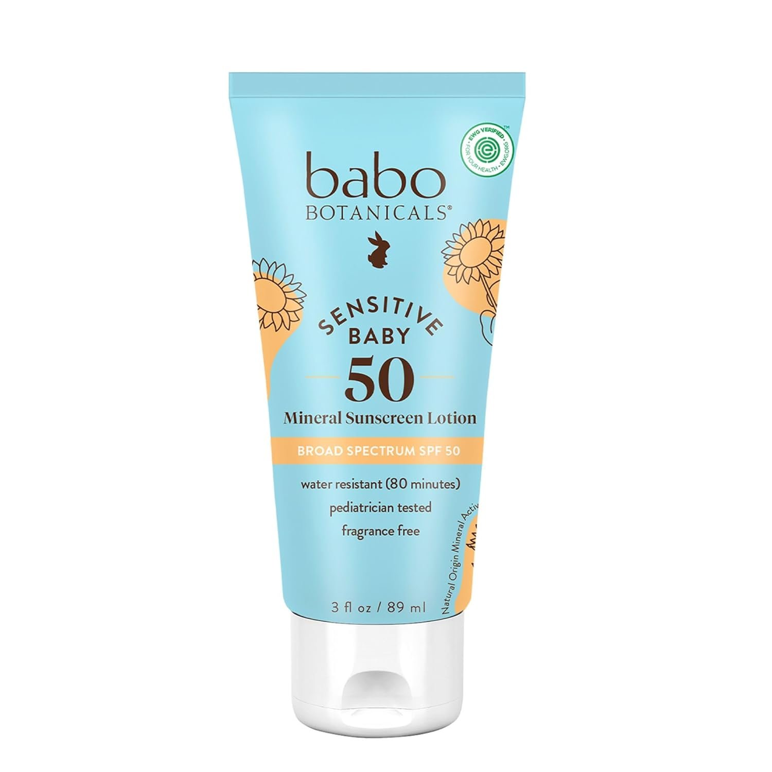 Babo Botanicals Sensitive Baby Mineral Sunscreen Lotion SPF50 – Natural Zinc Oxide – Face & Body – Fragrance-Free – Water-Resistant – EWG Verified – Vegan – Extra Sensitive Skin – For Babies & Kids