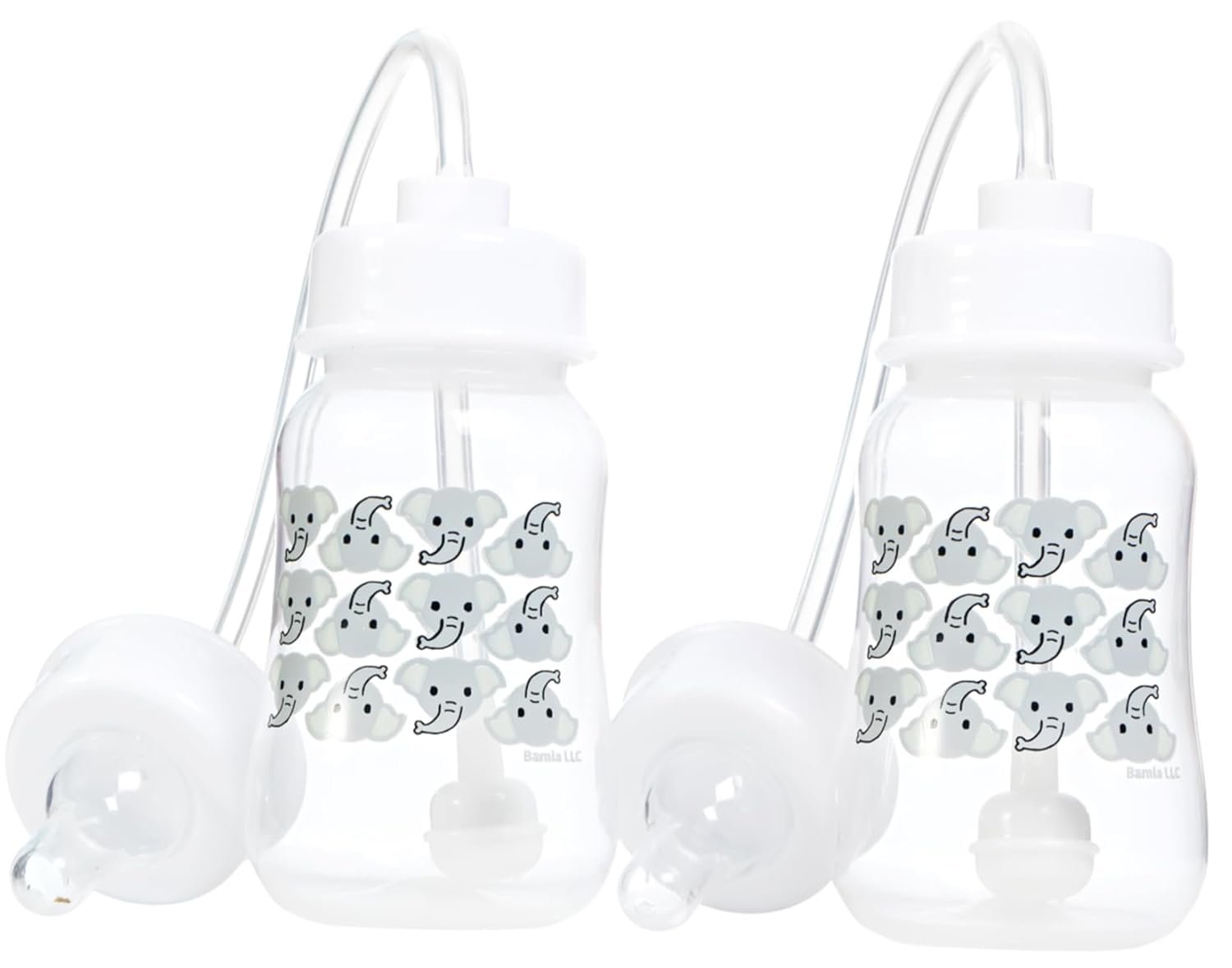 Hands-Free Baby Bottle – Anti-Colic Nursing System 4 oz Baby Bottle with Fast Flow Nipple/Teat 3m+ with Tube Straw Feeding System for Toddler (2 Bottles – Elephant)