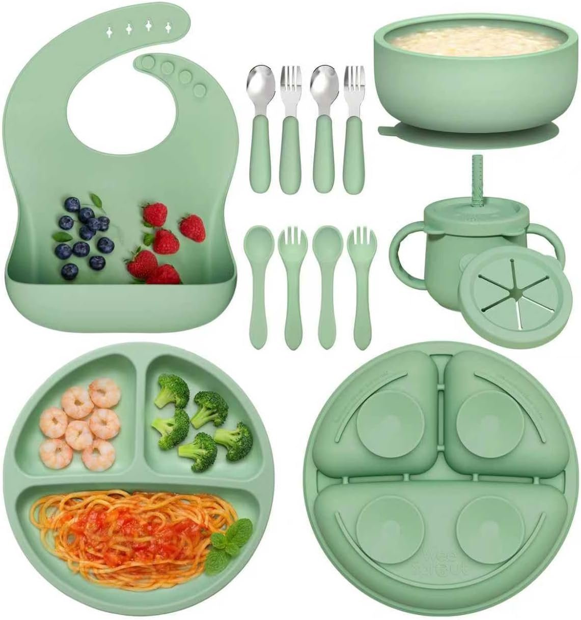 13 Pack Silicone Baby Feeding Set, BPA-Free Baby LED Weaning Supplies, Include Suction Plates, Bowls, Silicone and Stainless Steels Fork & Spoon, First Stage Infant Food Eating Utensils – 6+ Months