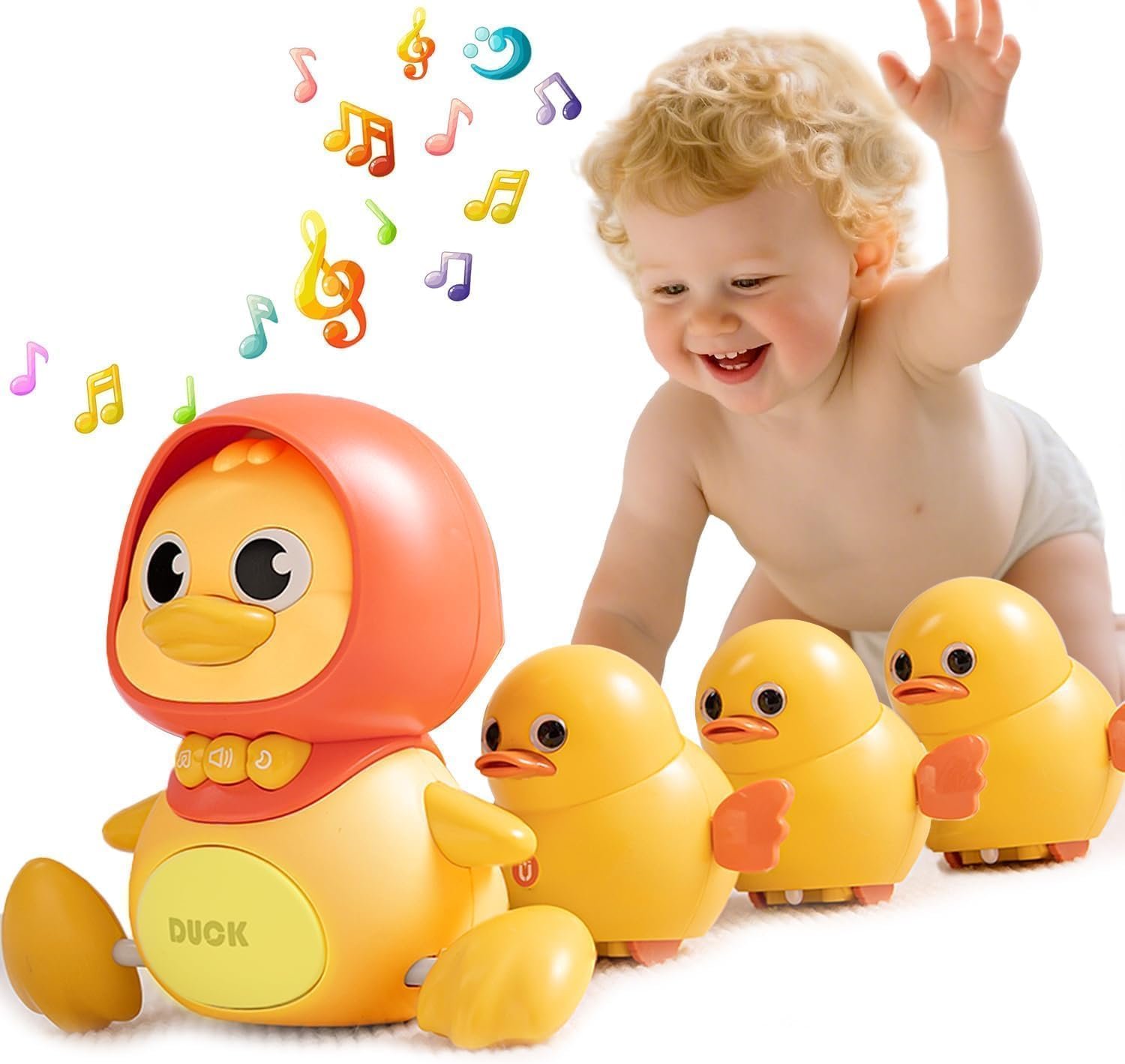 JUYEE Baby Crawling Toys Set of 4 – Magnetic Ducks Family for Infants 6-9-12 Months, Tummy Time Toys with Music & Lights, 1st Birthday Gift for Boys and Girls(4-Pack)