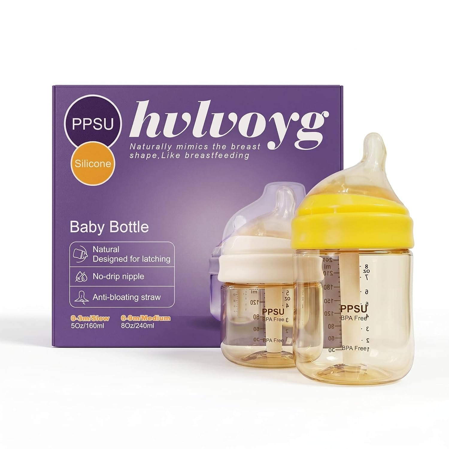 PPSU Baby Bottles for Newborns, Anti-Colic Wide Neck Breastfeeding Bottle with Angled Silicone Nipple, Natural Latch & Easy Drinking, BPA-Free, Heat Resistant, 5oz & 8oz, 0-6 Months, 3 Nipples