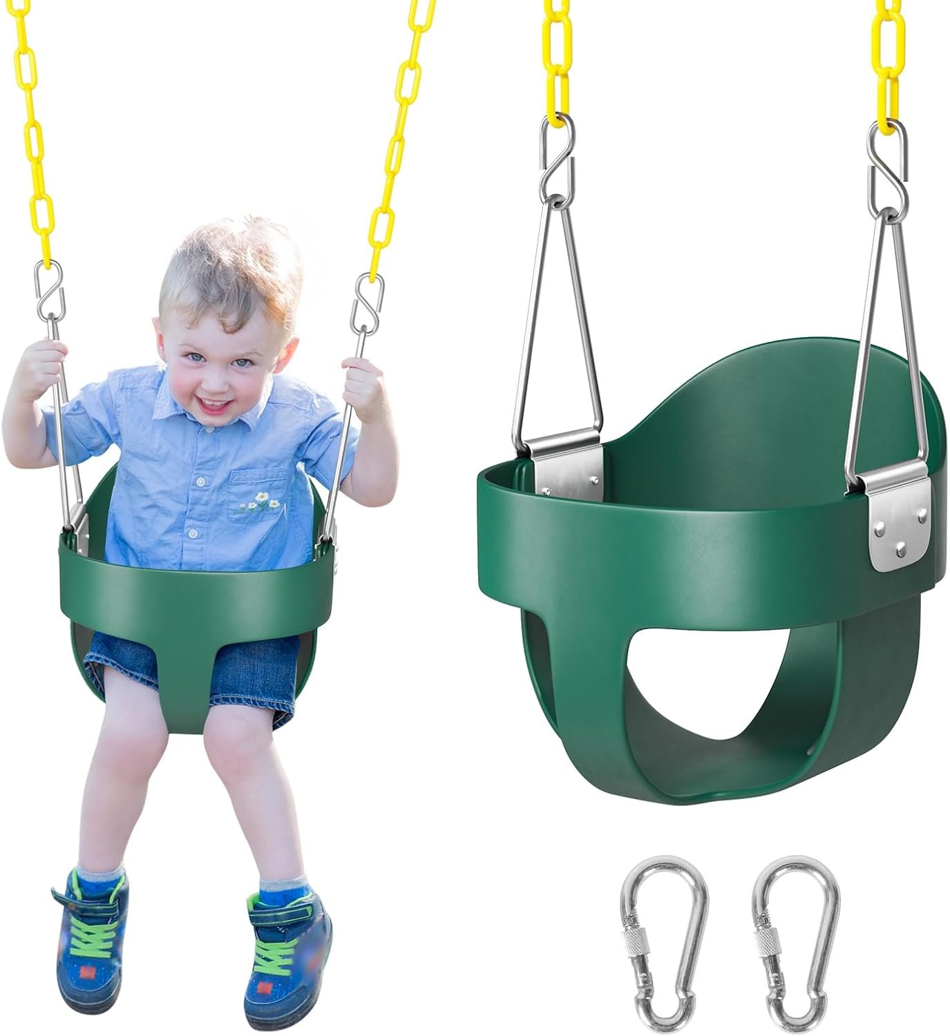 DECORLIFE Toddler Swing, Baby Swing Outdoor –High Back Full Bucket Swing Set, 330lb Capacity, Safety Design, Plastic-Coated Chains and Quick-Snap Carabiners for Backyard, Playground