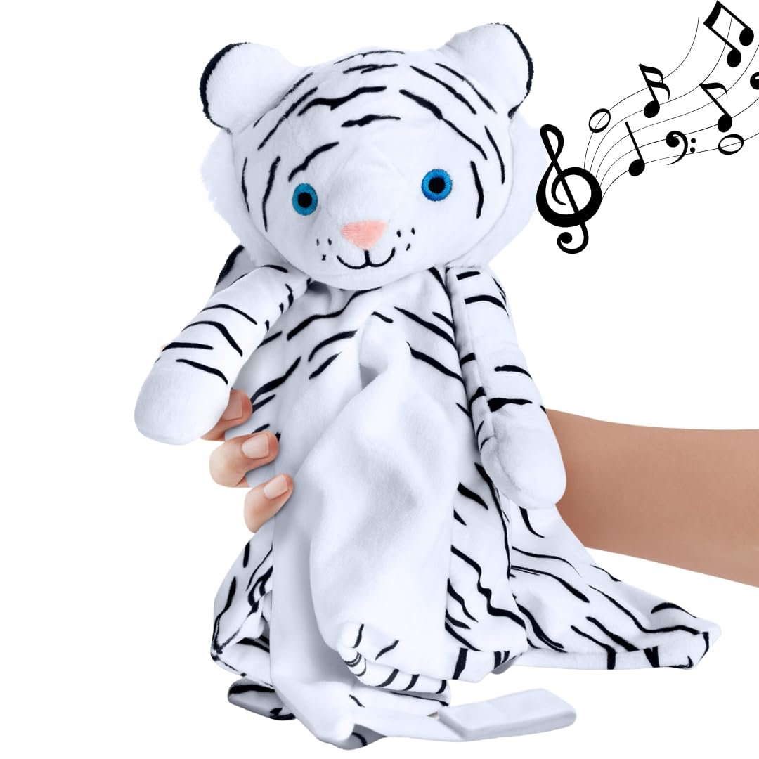 Love By Emi 4 in 1 Baby Lullaby Sleep Soother Toy – Stuffed Animal Sound Machine & Pacifier Holder | Heartbeat White Noise & Music | Plush White Tiger Lovey Sleep Aid Security Blanket (0-3 Years)
