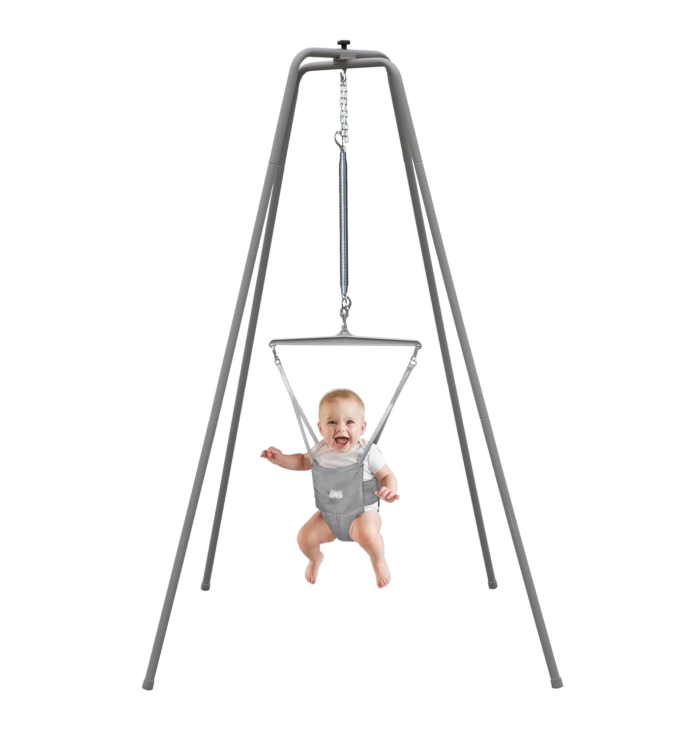 Jolly Jumper Elite (Grey) Baby Exerciser – Sturdy Frame, 6 ft Tall Stand Baby Jumper, Indoor and Outdoor Exercise Saddle Seat, Adjustable Height, for Infants up to 28 lbs
