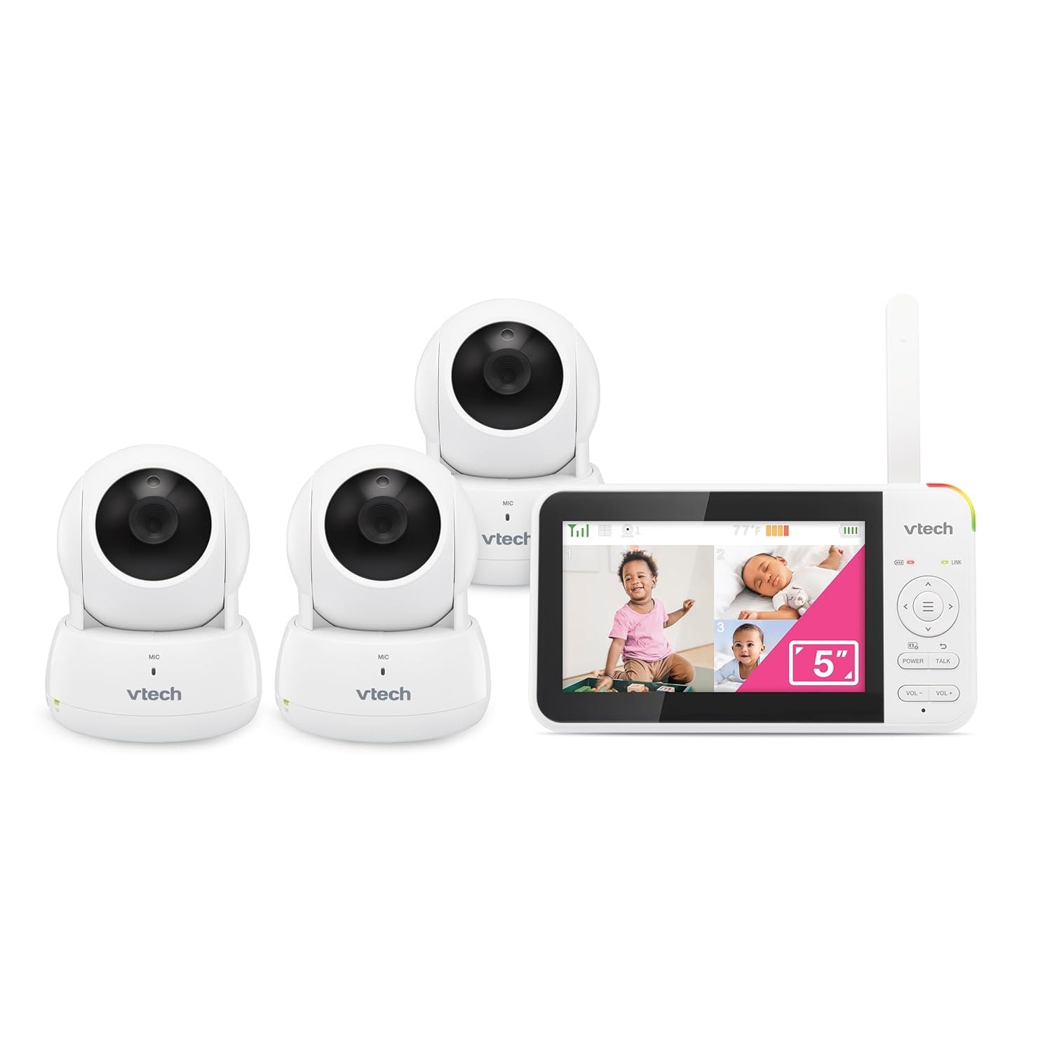 VTech VM924-3 5″ Pan Tilt Zoom Video Baby Monitor with 3 Cameras – No WiFi, 17Hr Battery, 1000ft Range, Night Vision & Lullabies – Ideal for New Parents