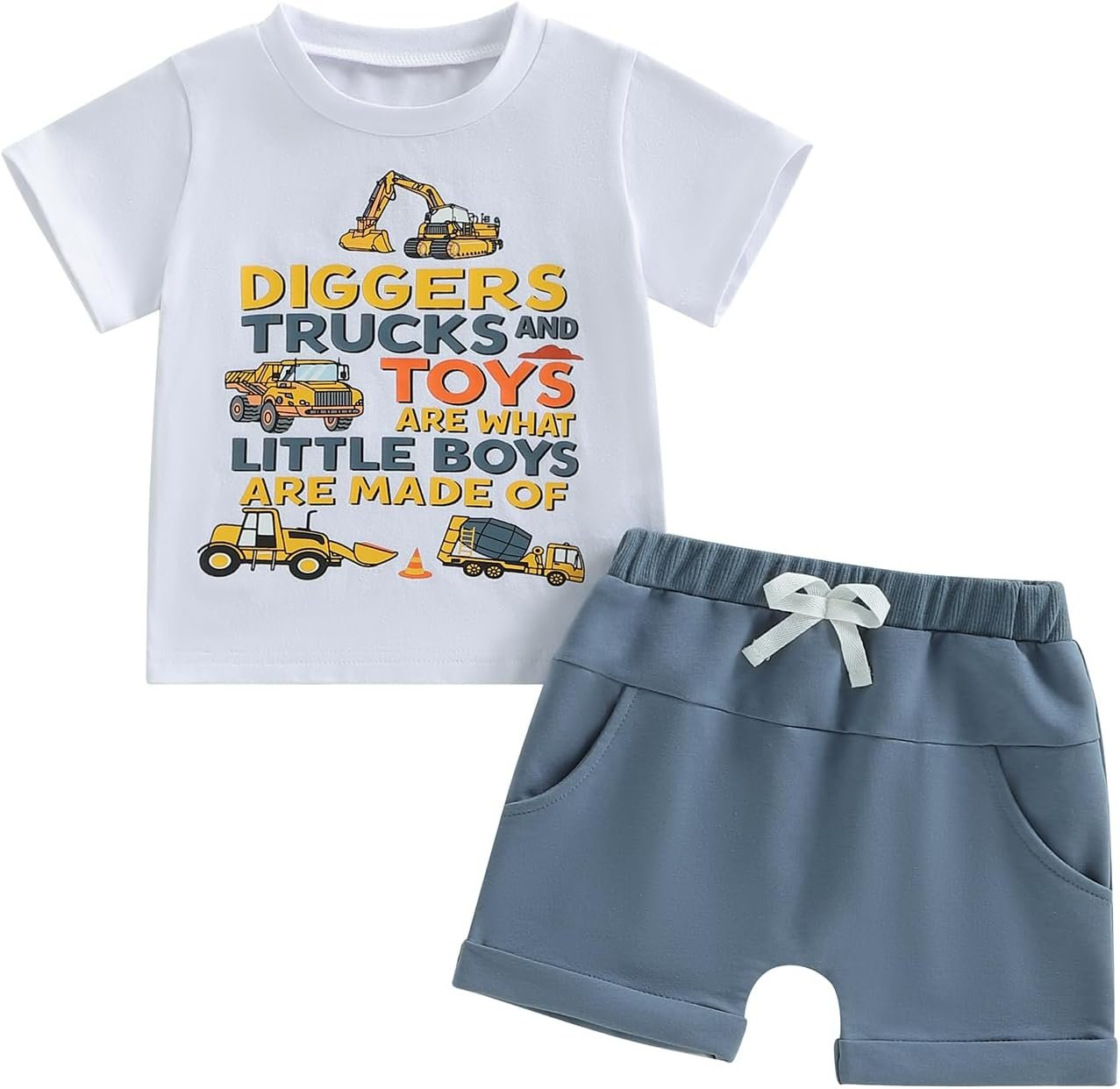 Toddler Baby Boy Clothes Summer Short Sleeve​ Diggers Trucks T-Shirt Tops Solid Color Shorts Set 2Pcs Casual Outfit