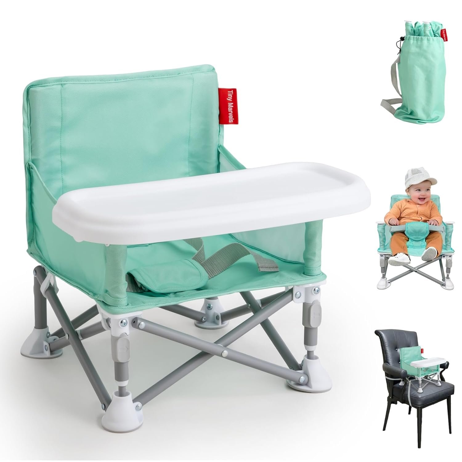Tiny Marvels Portable Booster Seat, Foldable Baby High Chair with Removable Tray, Safety Harness & Carry Bag – for Toddlers Ages 6M-3Y, Ideal for Dining, Travel, Camping & Family Time
