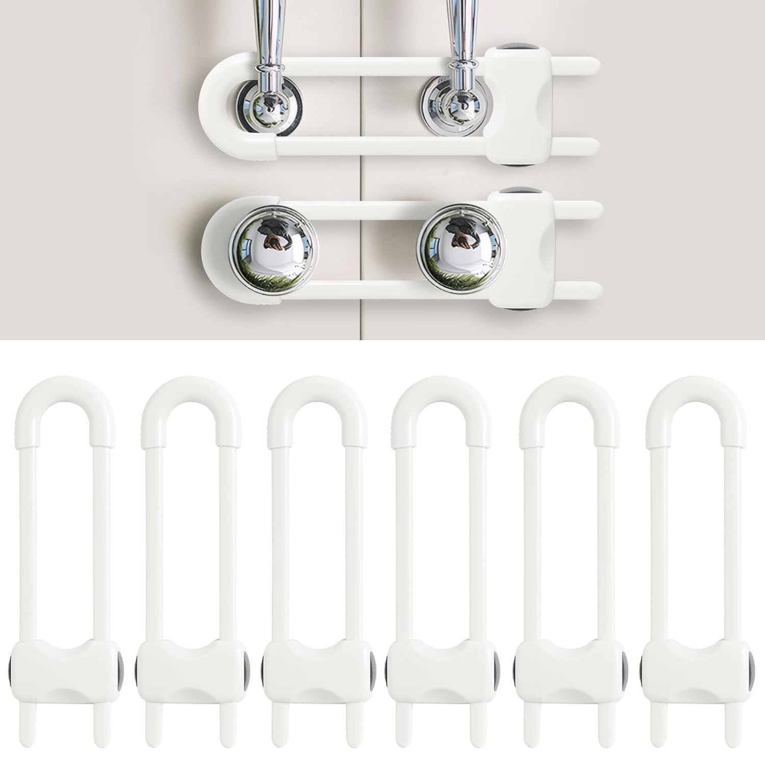Baby Proofing Cabinets, Sliding Cabinet Locks for Babies, Adjustable U Shaped Baby Safety Locks, Childproof Cabinet Latch for Kitchen, Bathroom, Drawer, Cupboard Doors Knobs & Handles (6 Pack White)