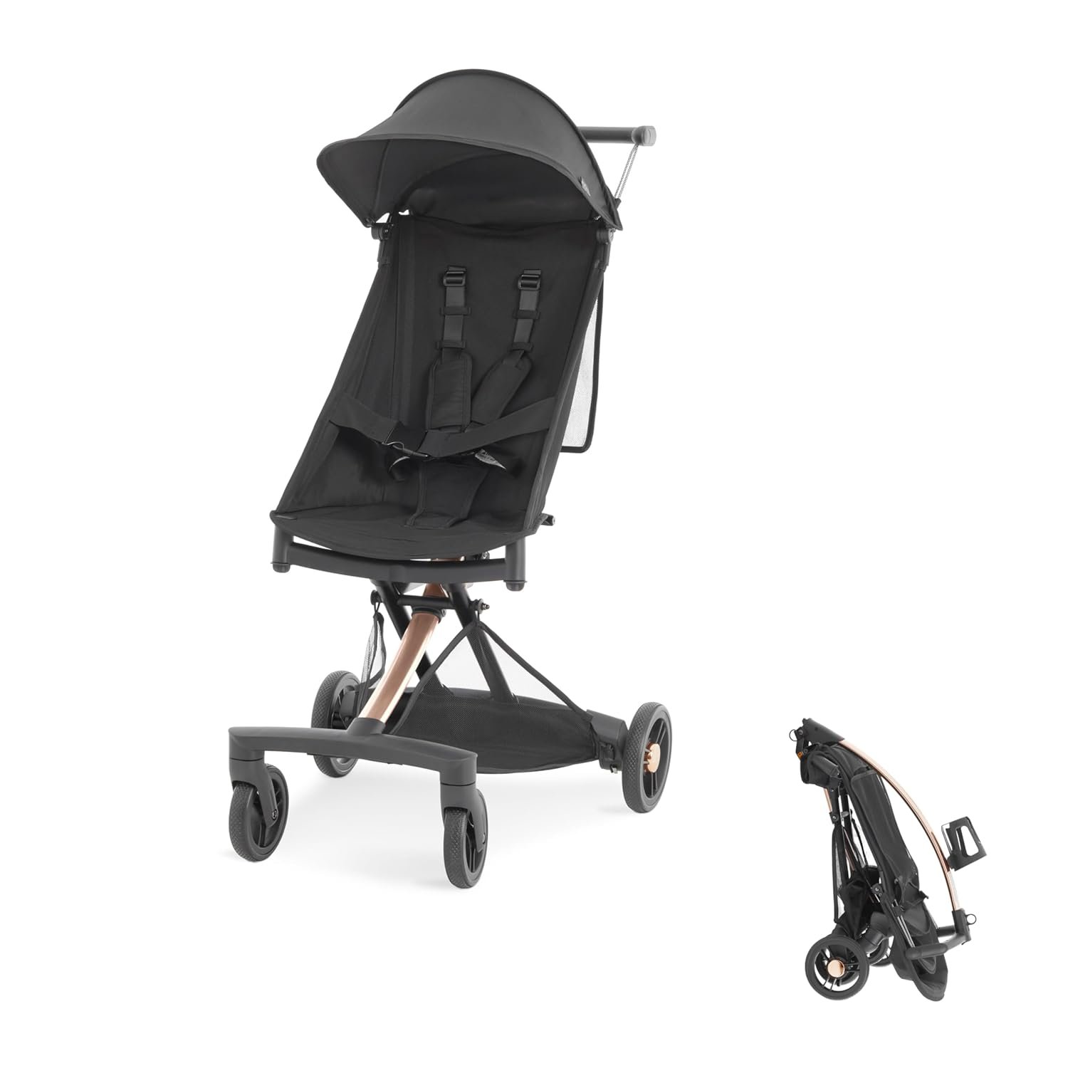 Evolur Roamer Ultra Lightweight Stroller, Compact One-Hand Self-Standing Fold Travel Stroller with 5-Point Safety Harness, Adjustable Sun Canopy, 360° Rotating Wheels with Cup Holder – Gold Black