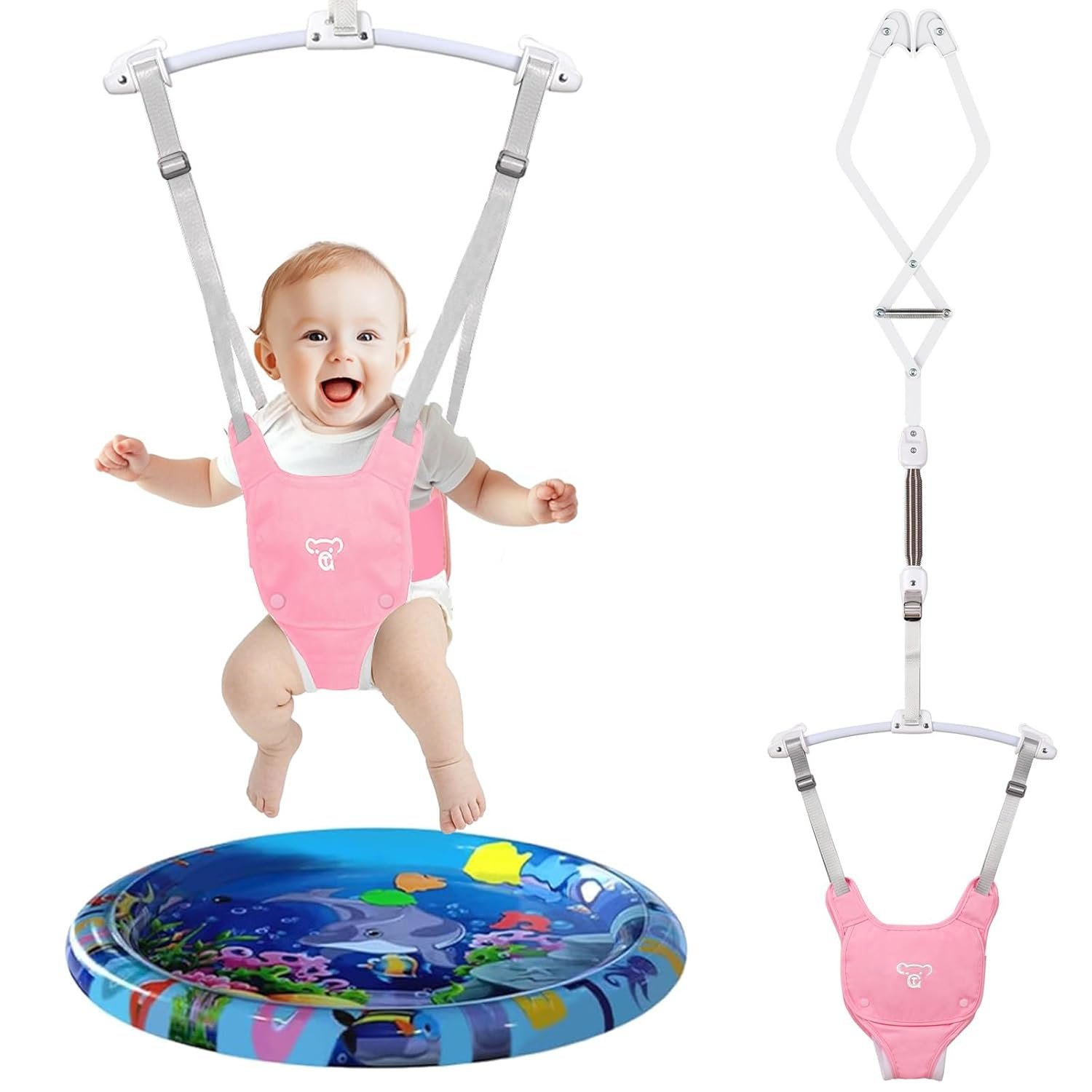 G TALECO GEAR Baby Jumper, Baby Jumper Doorway with Adjustable Strap, Protable Baby Jumpers and Bouncers, Easy to Assemble, Baby Bouncer Jumper with Soft Rug, Pink