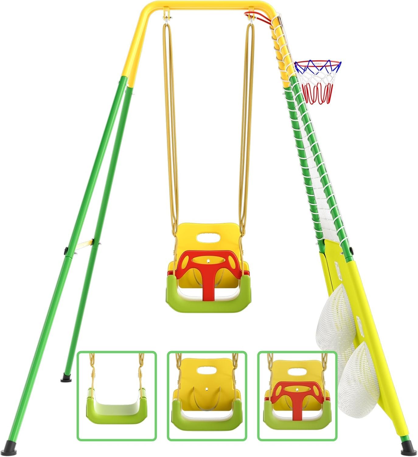 Toddler Swing Set with Basketball Hoop,Soccer Goal,Multi-Functional Outdoor Swing Sets for Backyard,Indoor Baby Swing for Kids Aged 6-36 Months