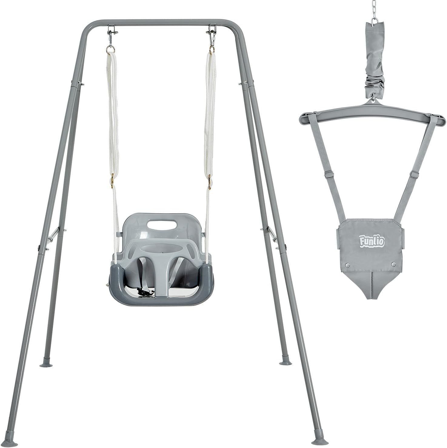 FUNLIO 2 in 1 Swing Set for Toddler & Baby Jumper, Heavy Duty Kids Swing & Bouncer with 4 Sandbags, Foldable Metal Stand for Indoor/Outdoor Play, Easy to Assemble and Store – Grey