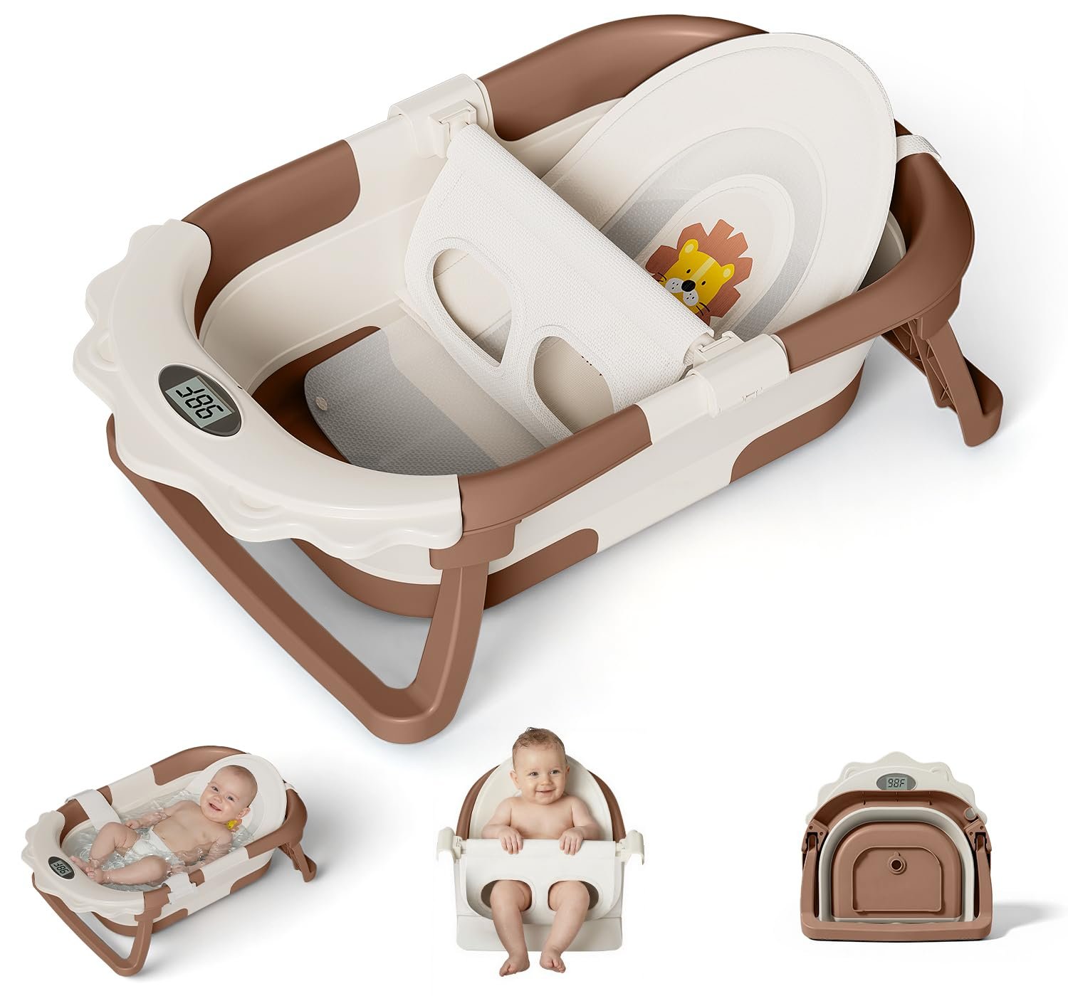 MoreFeel Foldable Baby Bathtub with Thermometer – 4-in-1 Grow-with-Me Collapsible Infant Tub (Newborn to Toddler) with Adjustable Mesh Sling – Space Saving Design