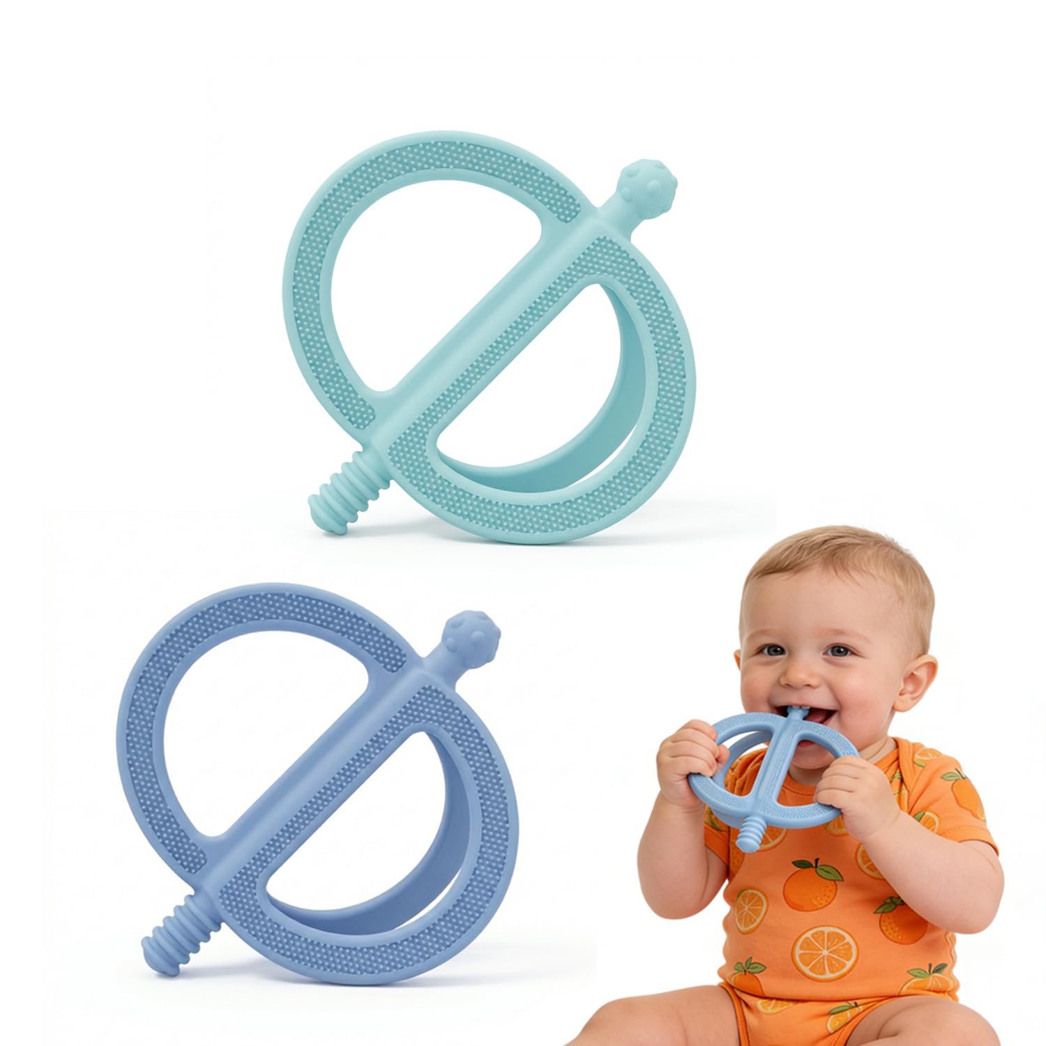 Baby Teething Toys Easy to Hold – 100% Food Grade Silicone Teething Ring for Babies 0-18 Months – BPA Free Teething Pain Relief for Infants 3-6-12 Months,Blue&Teal