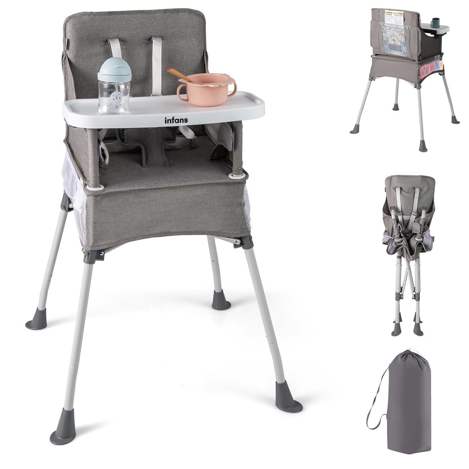 INFANS Baby High Chair, Foldable Portable Highchair for Babies and Toddlers with Travel Bag Adjustable Tray, 5 Point Harness, Compact Space Saver Infant Feeding Chair (Grey)