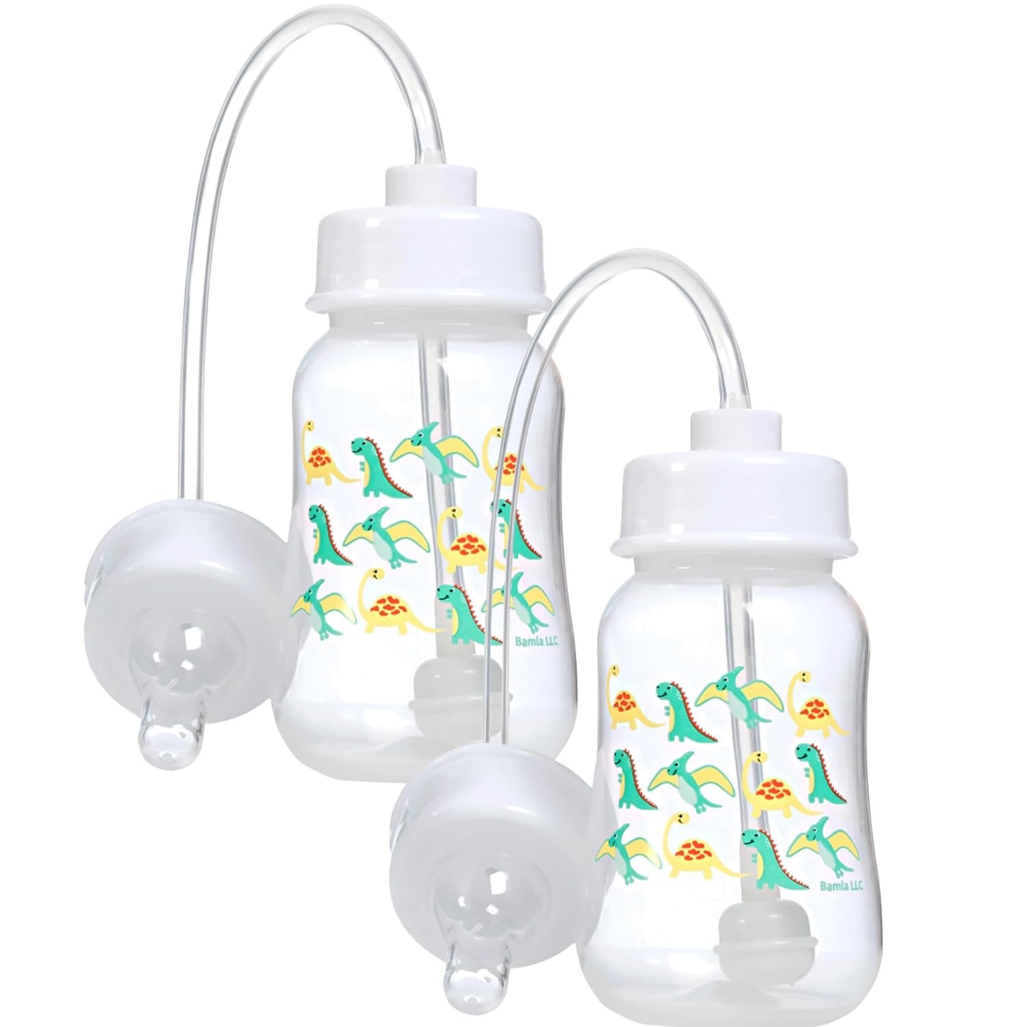 Hands-Free Baby Bottle – Anti-Colic Nursing System 4 oz Baby Bottle with Fast Flow Nipple/Teat 3m+ with Tube Straw Feeding System for Toddler (2 Pack – Dinosaur)