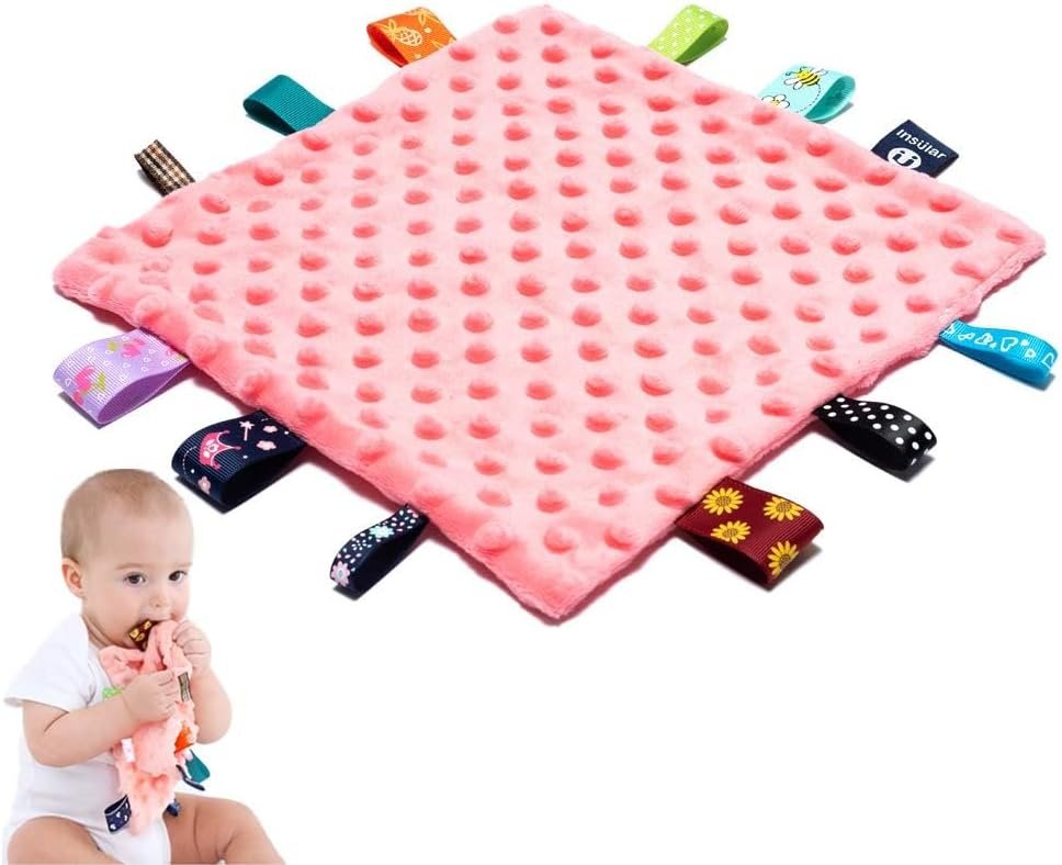 Baby Tags Security Blankets – Baby Soothing Plush Blanket with Colorful Tags, 10″x10″ Square Sensory Toys, Lovey for 3 Months+ Babies Boys and Girls (Pink)