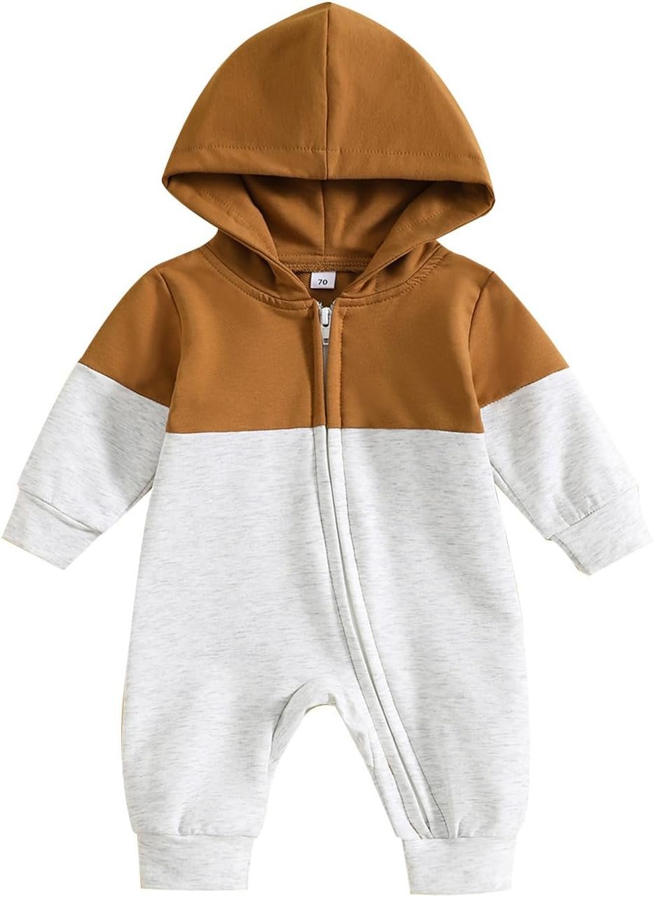 BemeyourBBs Newborn Baby Boy Clothes Color Block Long Sleeve Zipper Hooded Romper with Pocket Fall Winter One Piece Outfits